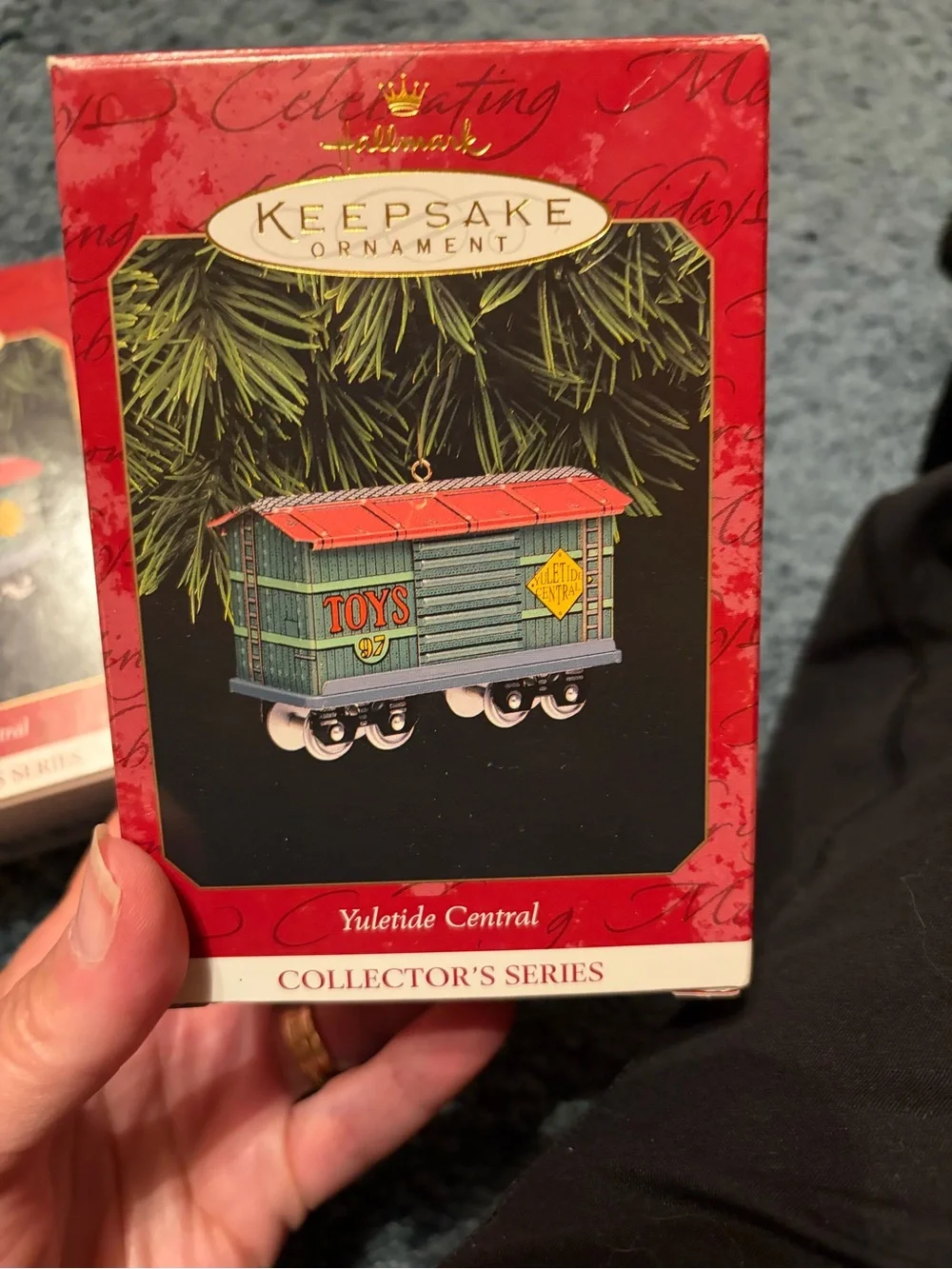 Hallmark Yuletide Central Green & Red Toy Train Car Ornament